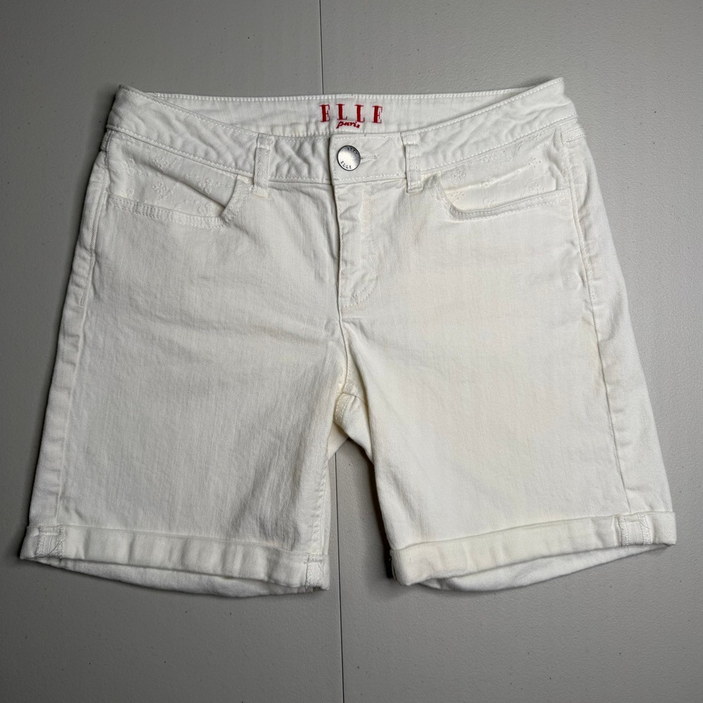 Elle Paris Womens Size 8 White Denim Cuffed Shorts Embroidered Pockets